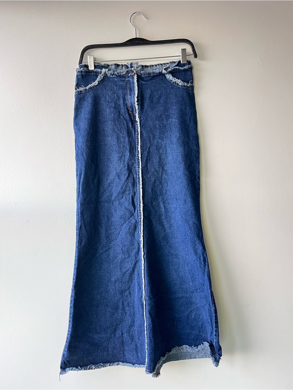 Candy Rain Dark Wash Raw Hem Denim Maxi Skirt